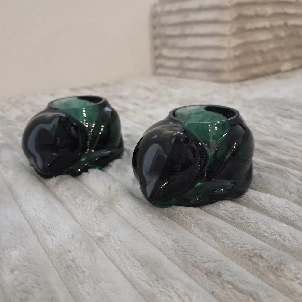 Lot of 2 Vintage Indiana Glass Emerald Green Sleeping Cat Votive Candle